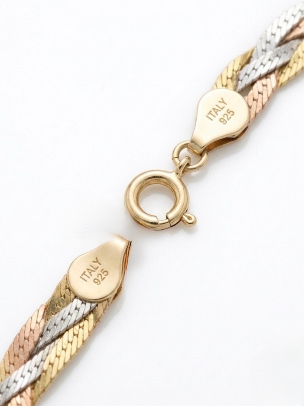 925 Italy Tri-Color Braided Herringbone Necklace — Gold Rose Silver Sterling 18” - Picture 7 of 7